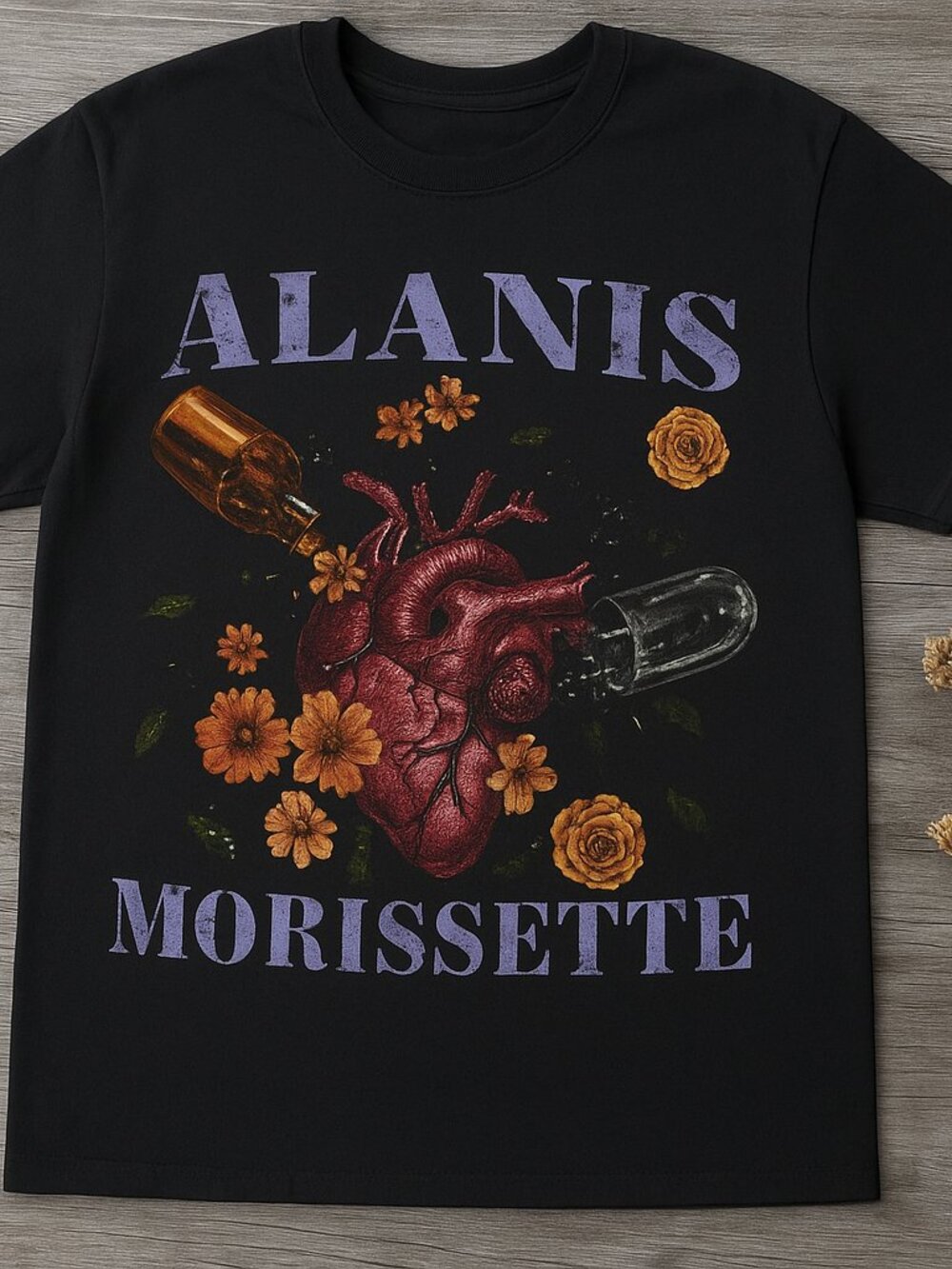 Alanis Morissette Graphic Tee | Vintage Rock Music T-Shirt | Black Floral Heart